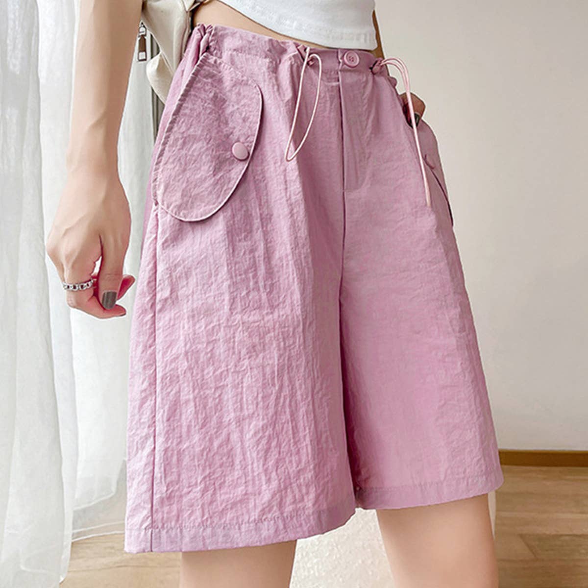 Solid Drawstring Pocketed Bermuda Casual Shorts