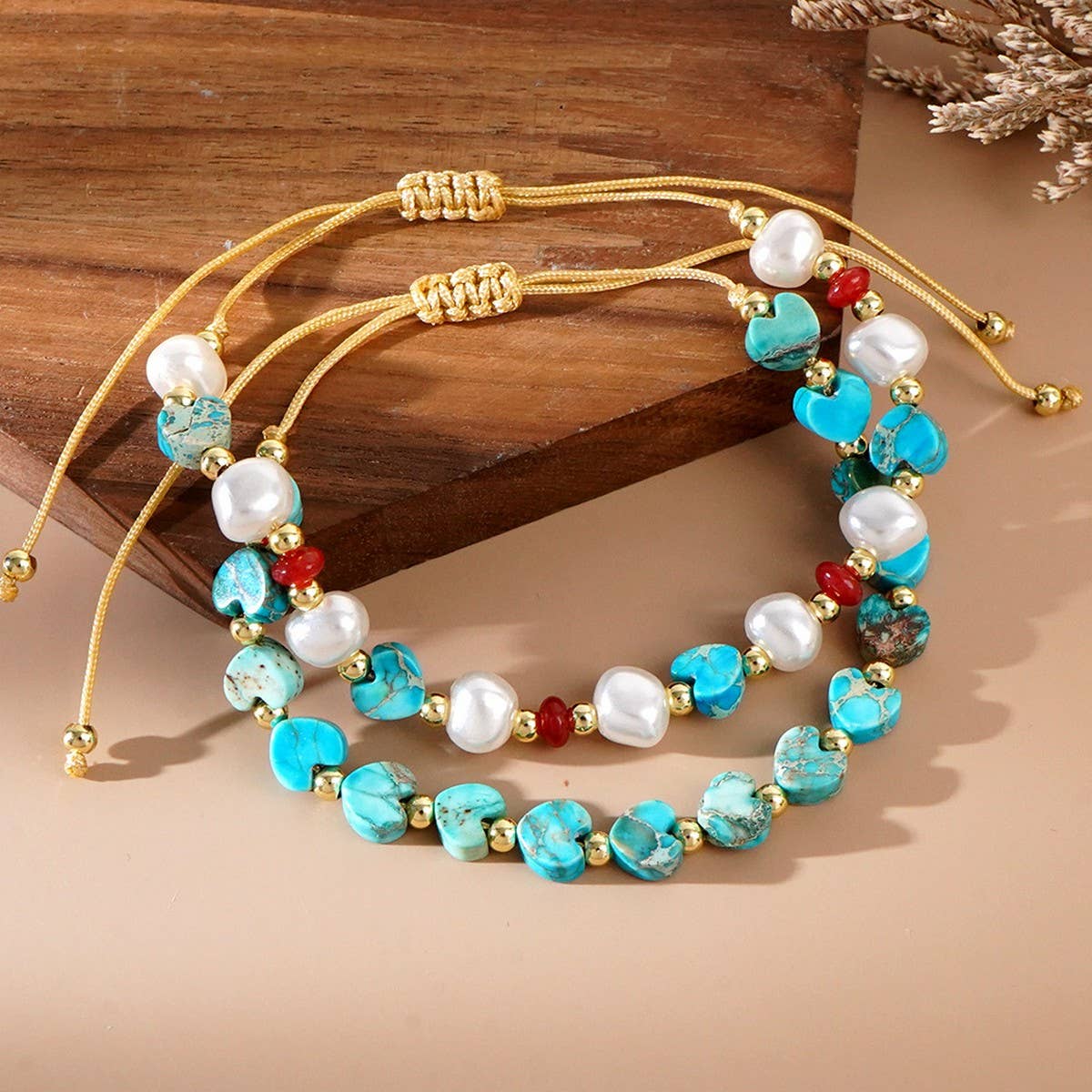 SEMI-PRECIOUS STONE IMITATION PEARL HEART BRACELET