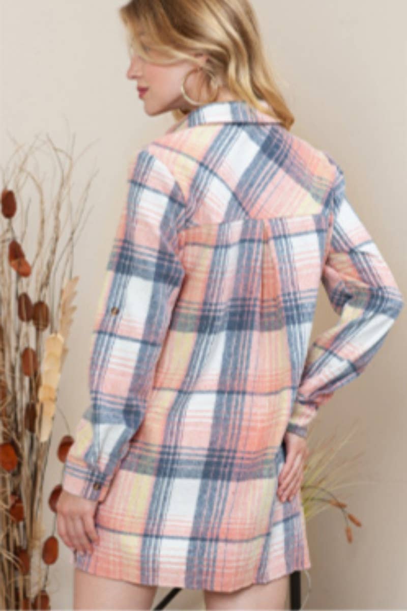 CWDSD6623_SINGLE-BREASTED PLAID LONG-SLEEVED SHIRT DRESS