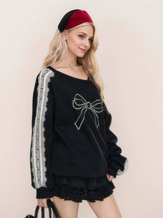 LACE SLEEVES BUTTERFLY BEAD PRINT FASHION HOODIE