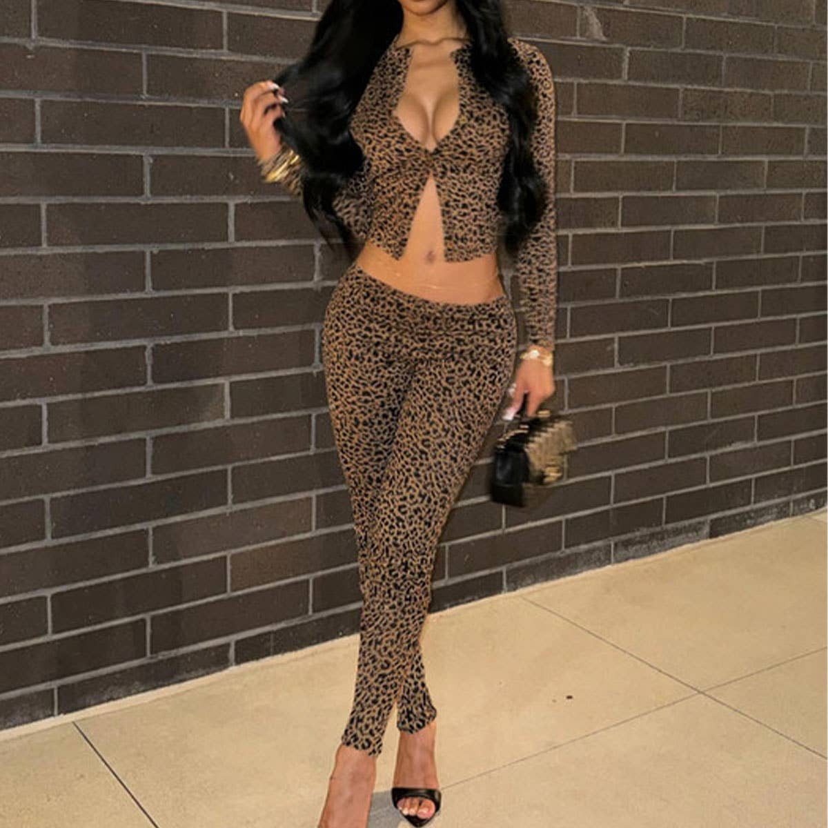 LEOPARD PERSONALITY CREW NECK TOP AND PANTS SUIT