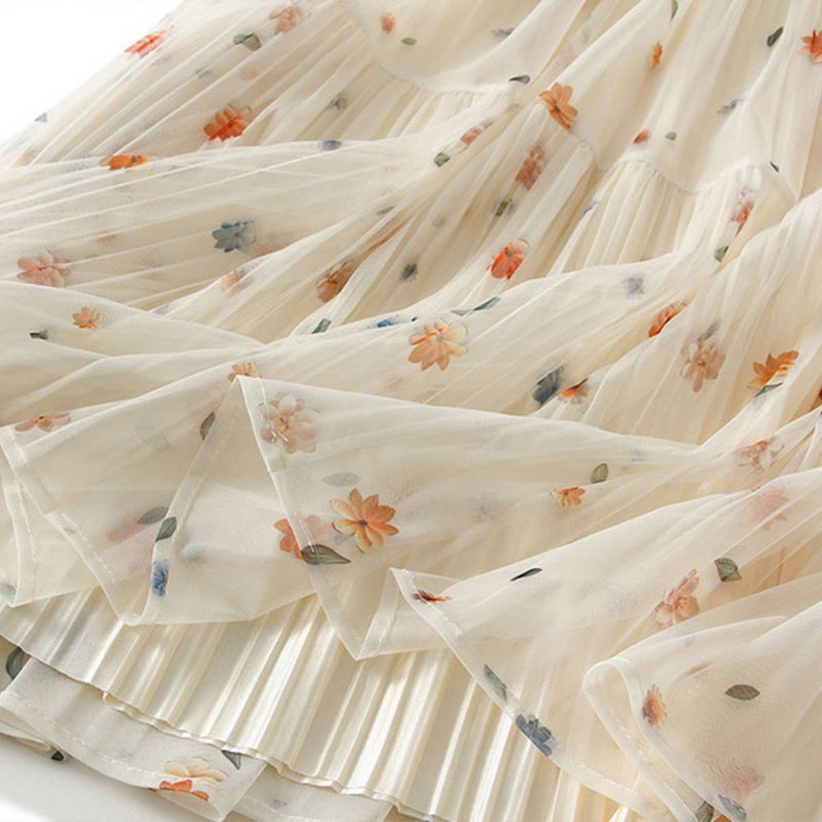 Reversible Floral Mesh Pleated Midi Skirt