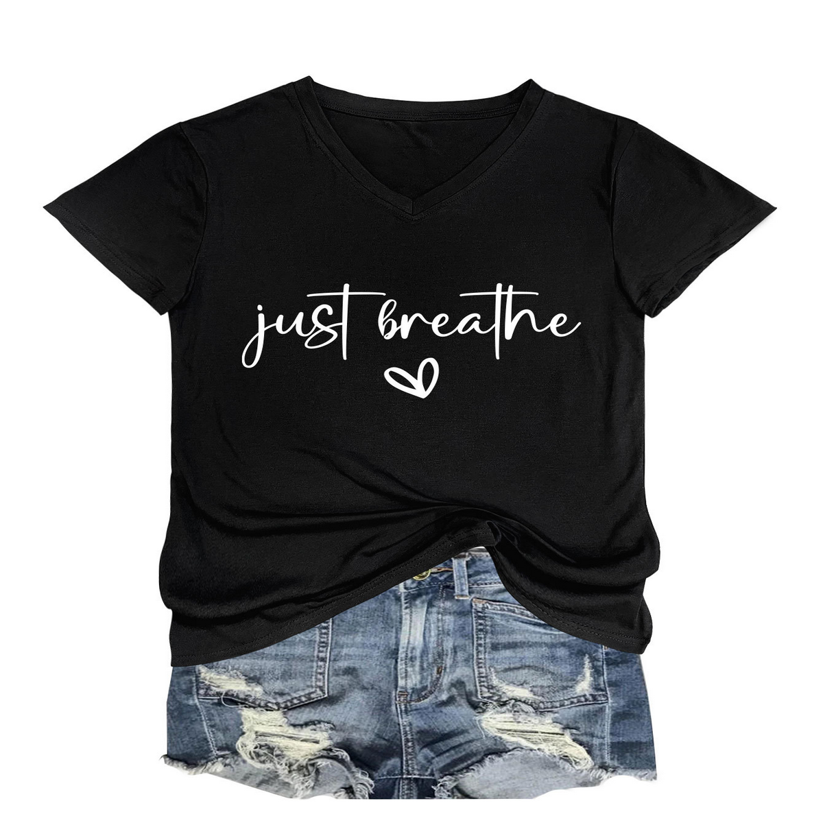 Cute Heart Letter Print V-Neck Tee for Women