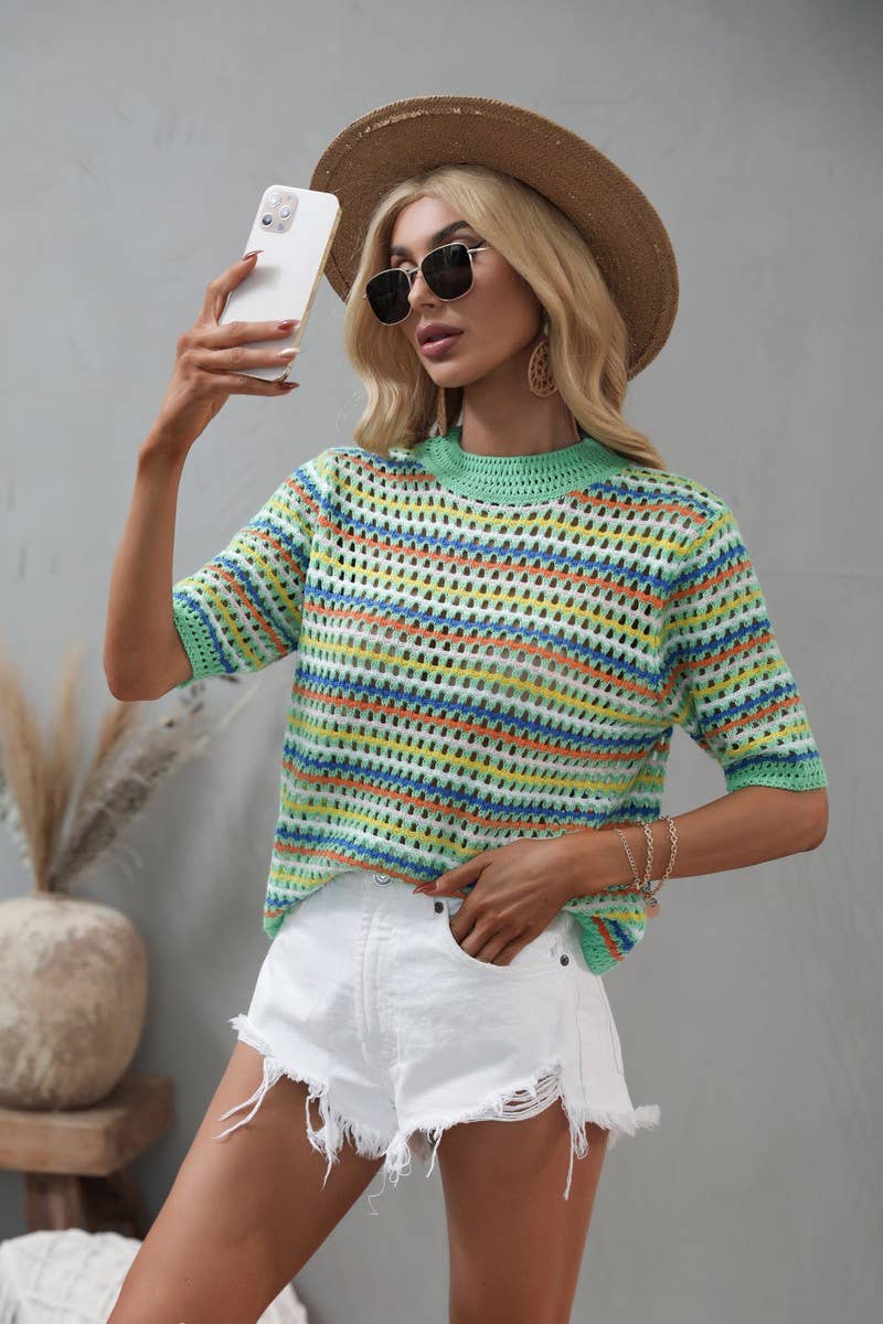 Cwtts0736_Crochet Short Sleeve Pullover Sweater