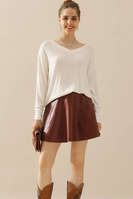 Cwttl1408_Long Sleeve Loose V-Neck Pullover Top