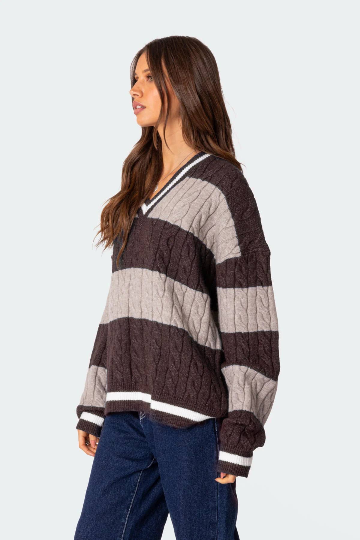 V-neck striped color matching loose sweater