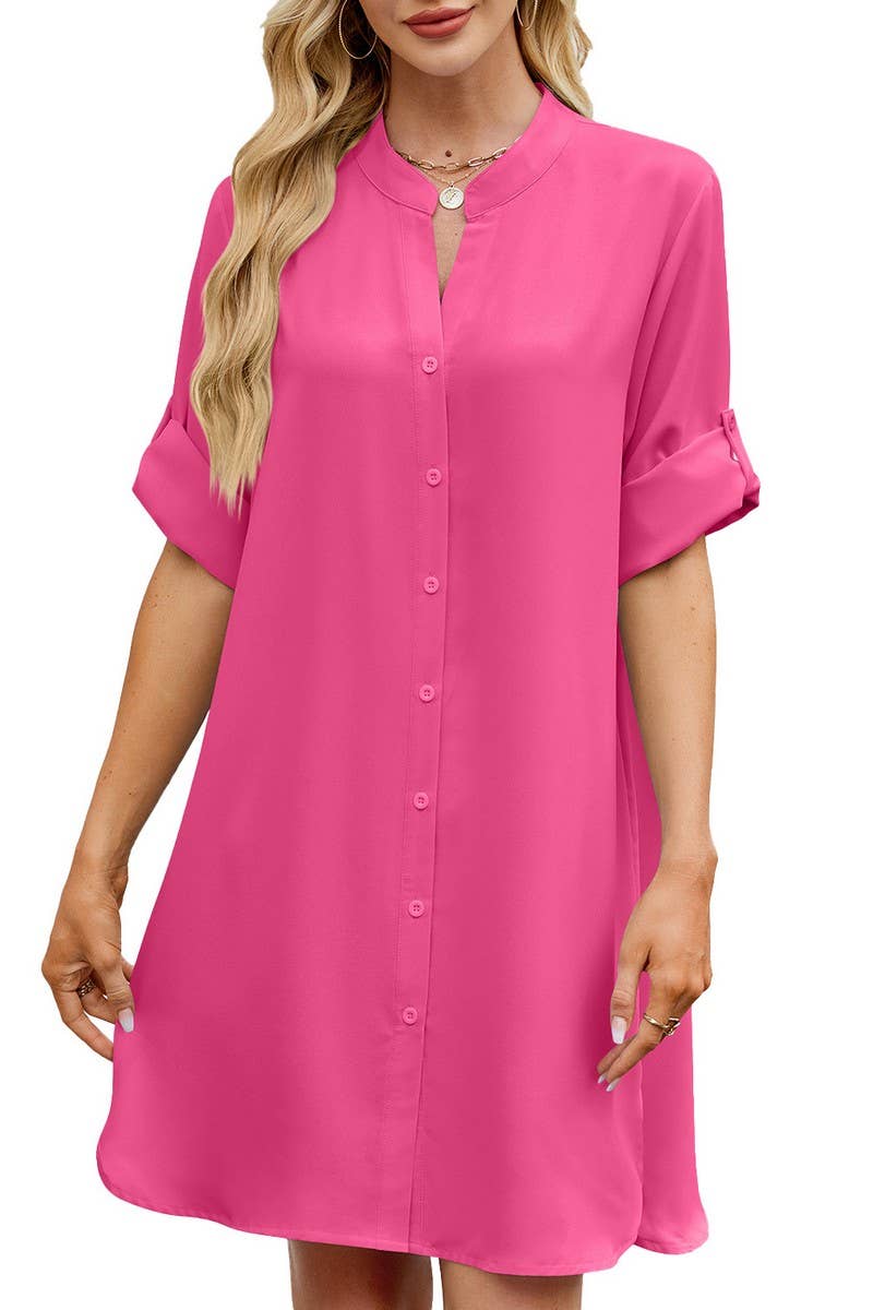 CWDSD7290_SOLID COLOR V NECK BUTTON SHIRT DRESS