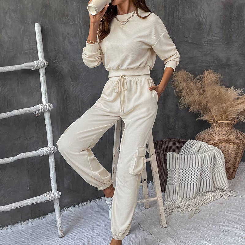 SOLID COLOR TEXTURE CASUAL TWO-PIECE SET