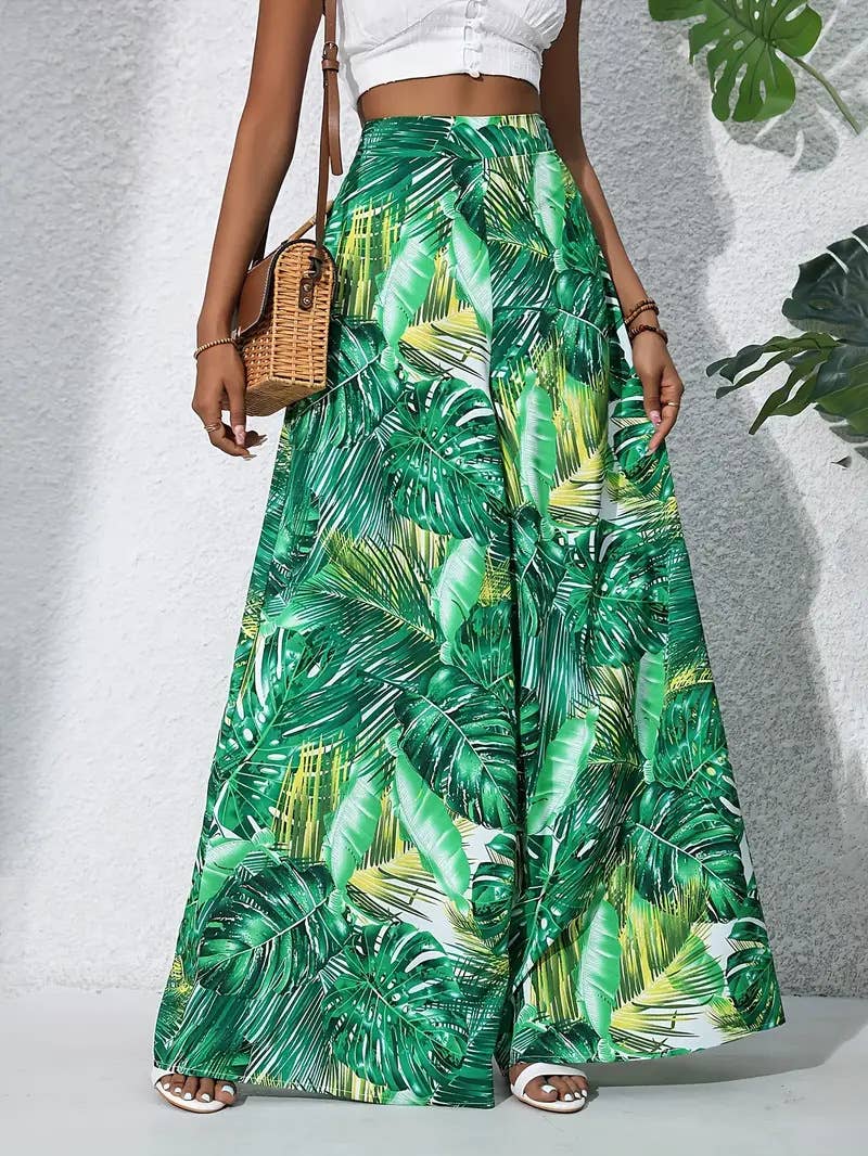 Plant-printed high-waisted wide-leg trousers