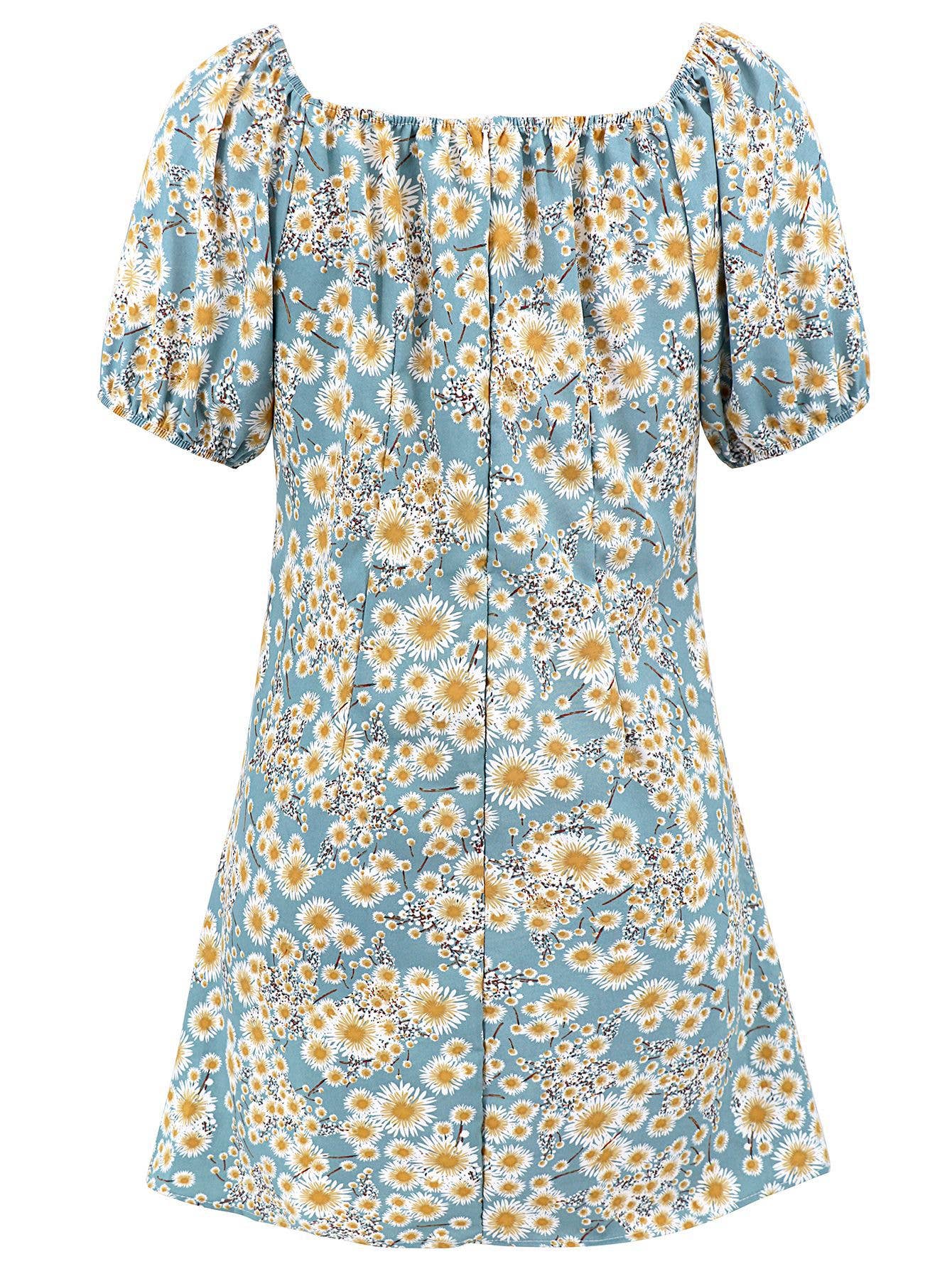 Sexy Short Fitted Floral Balloon Sleeve Dress