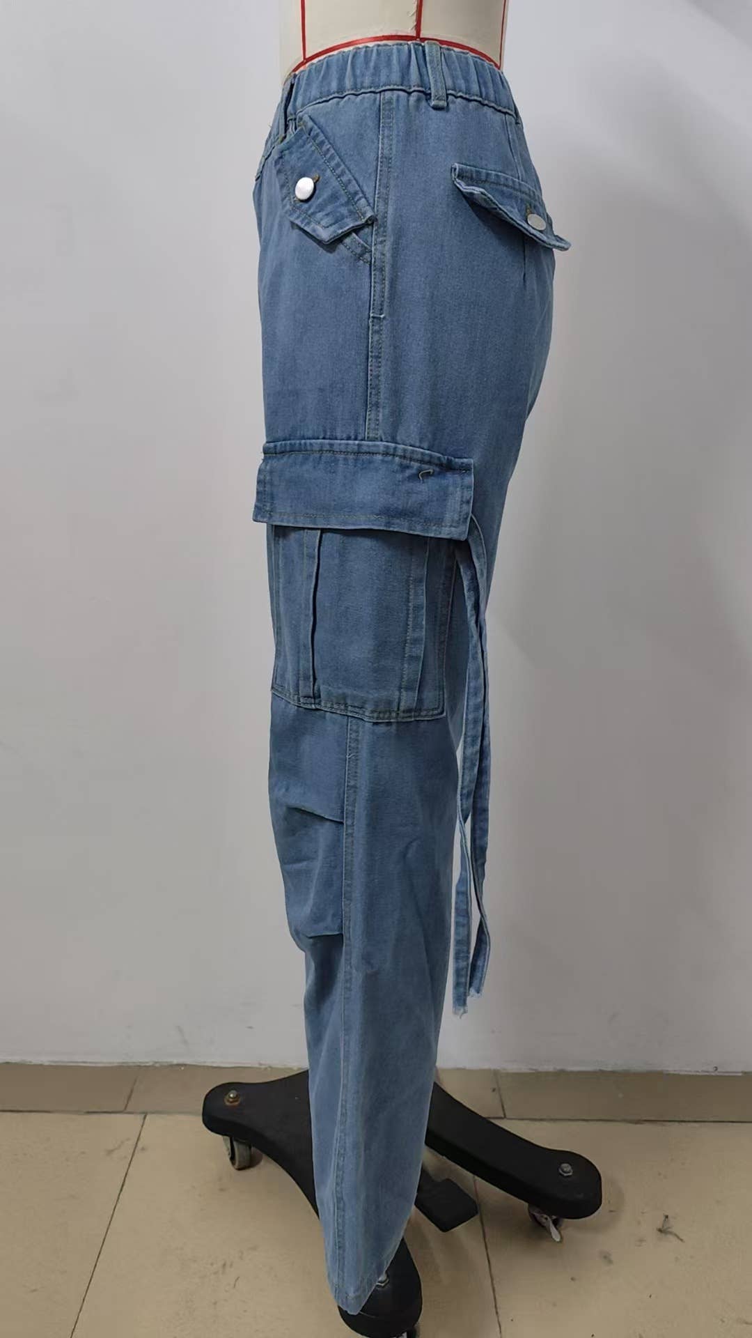 Washed work pants ribbon denim casual pants