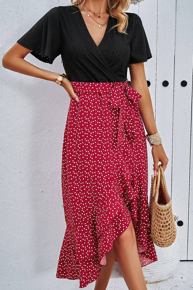 CWDMD4608_ELEGANT CONTRAST COLOR SHORT-SLEEVED V-NECK DRESS