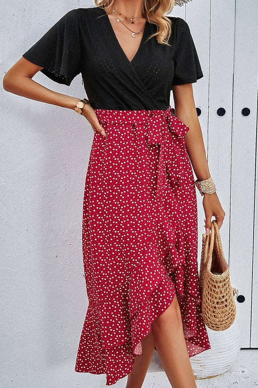 CWDMD4608_ELEGANT CONTRAST COLOR SHORT-SLEEVED V-NECK DRESS