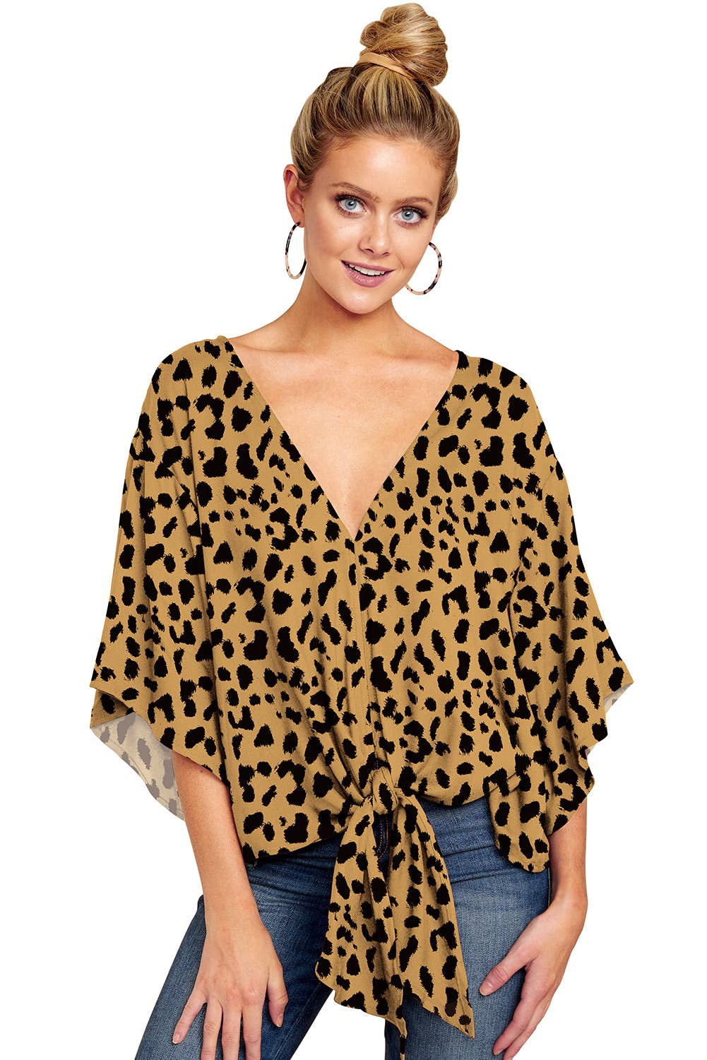 V-neck knotted printed loose sleeved top