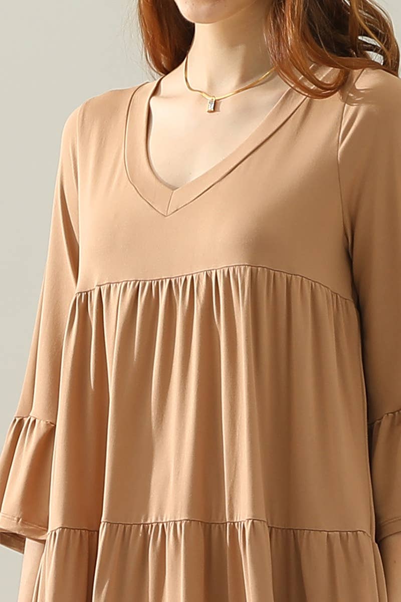 CWDSD10353_V NECK 3 TIERED WITH RUFFLE SLEEVE DRESS