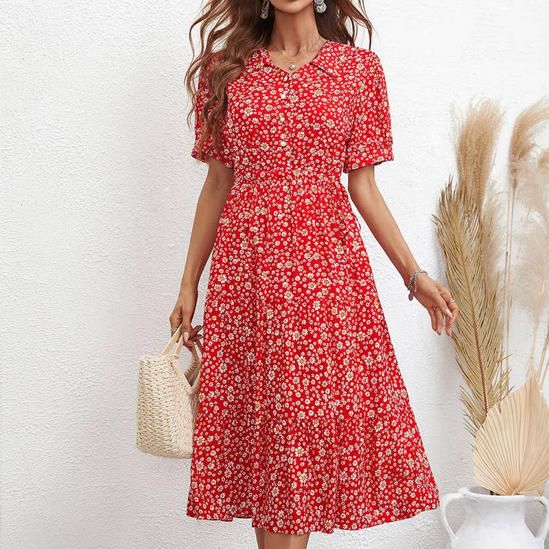 LAPEL FASHION PRINT SLIM SHORT-SLEEVED DRESS
