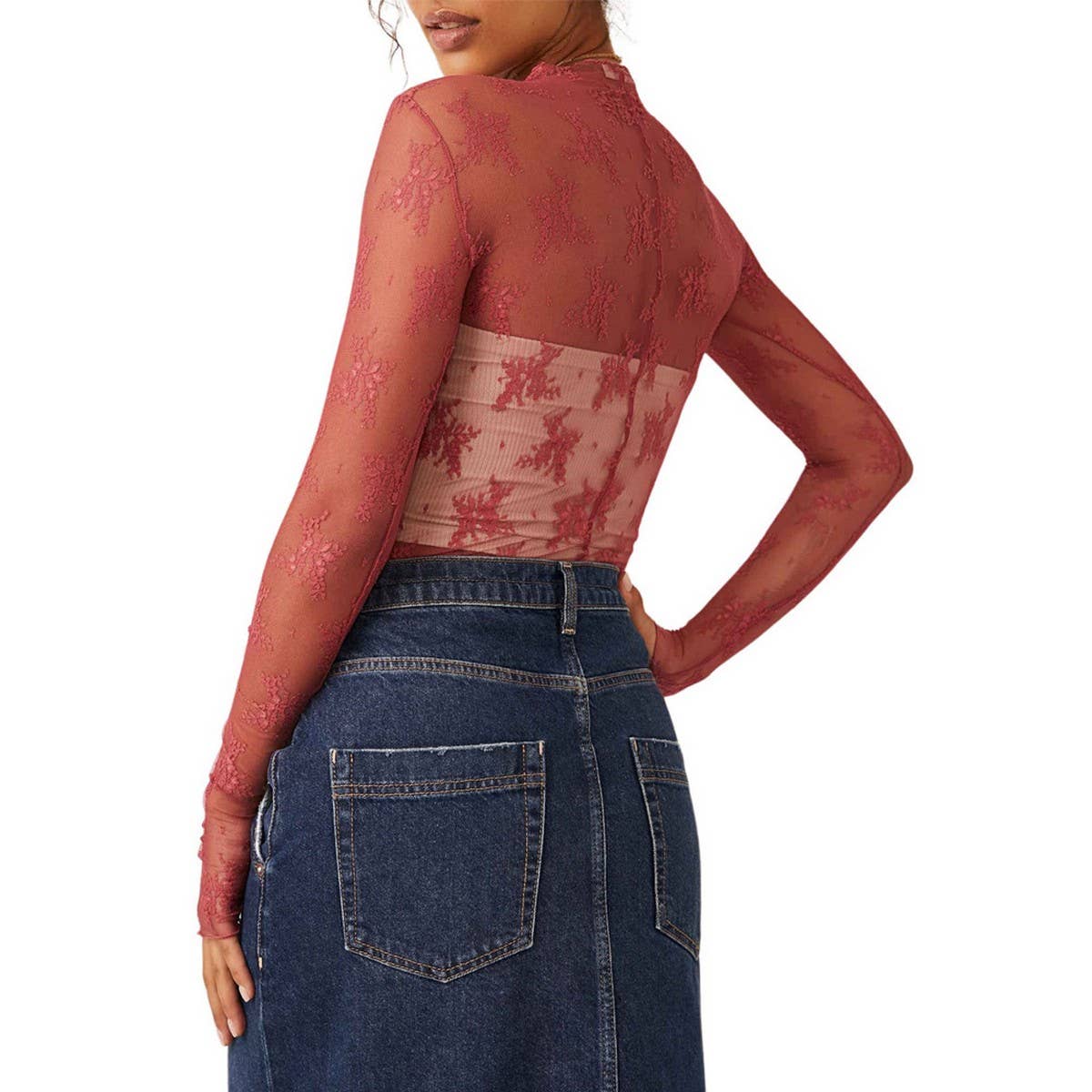 SEMI SHEER MESH LACE TOP BOTTOMING SHIRT