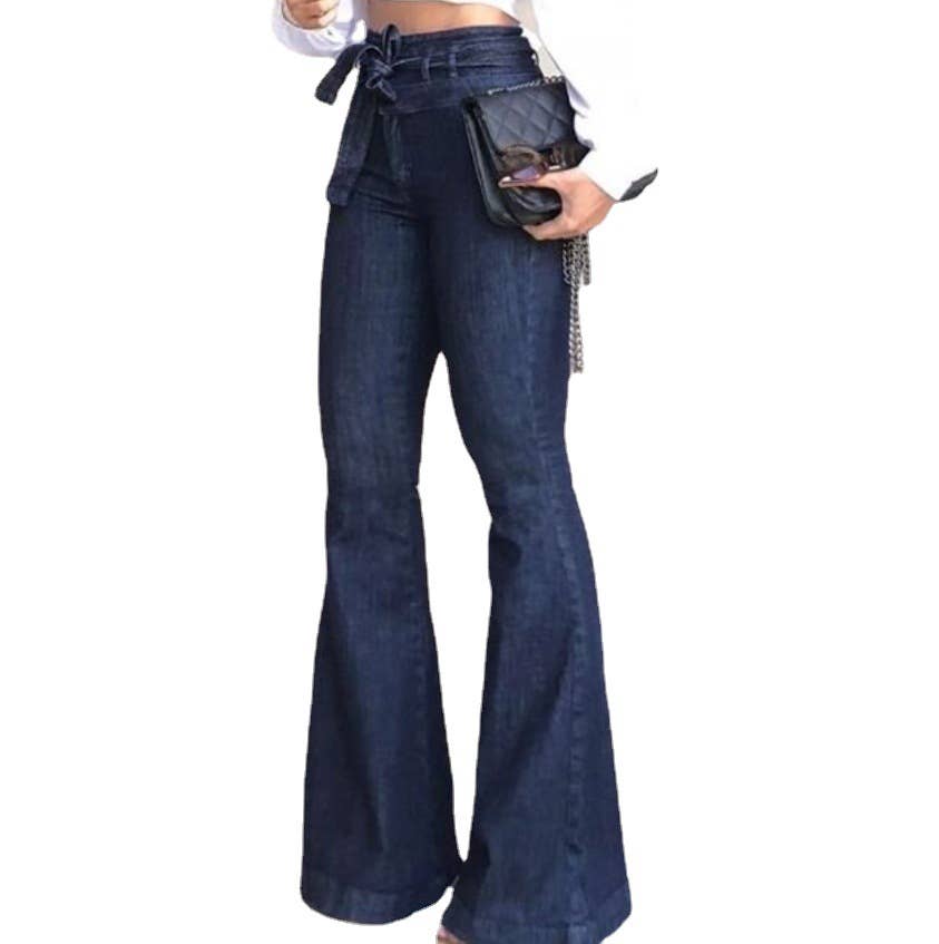 High-waisted elastic lace-up flared jeans