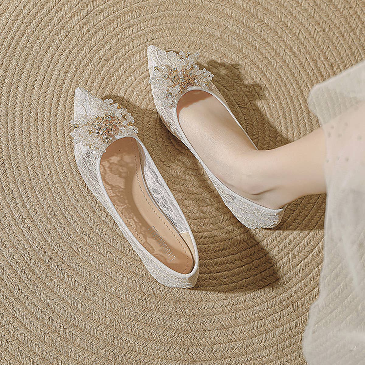 LACE AND RHINESTONE POINTED TOE FLATS