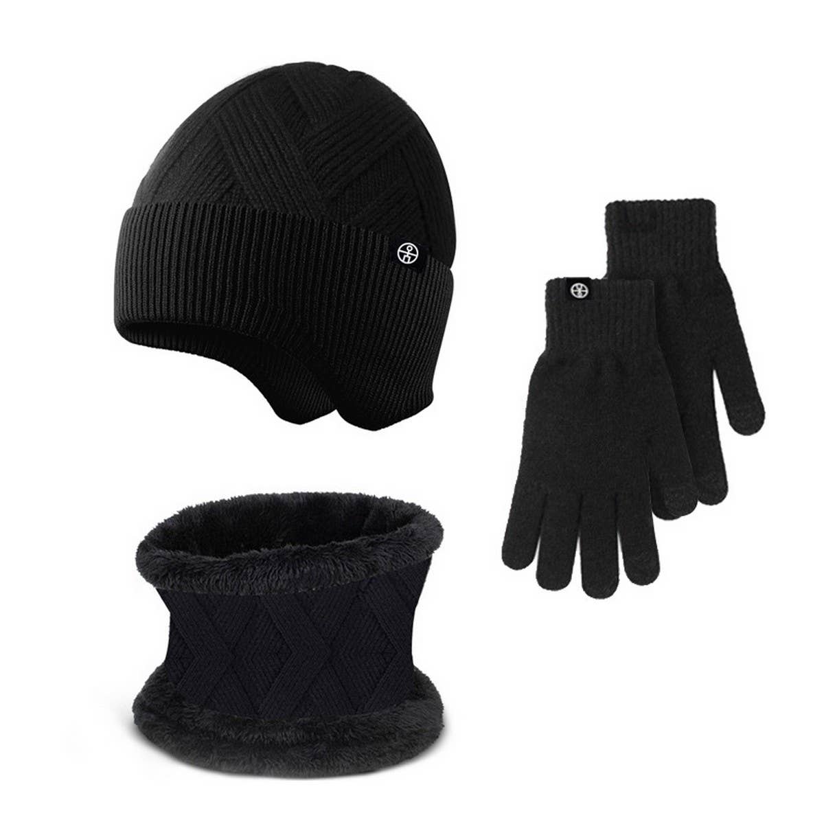 WINTER OUTDOOR FLEECE KNITTED HAT THREE PIECE SET