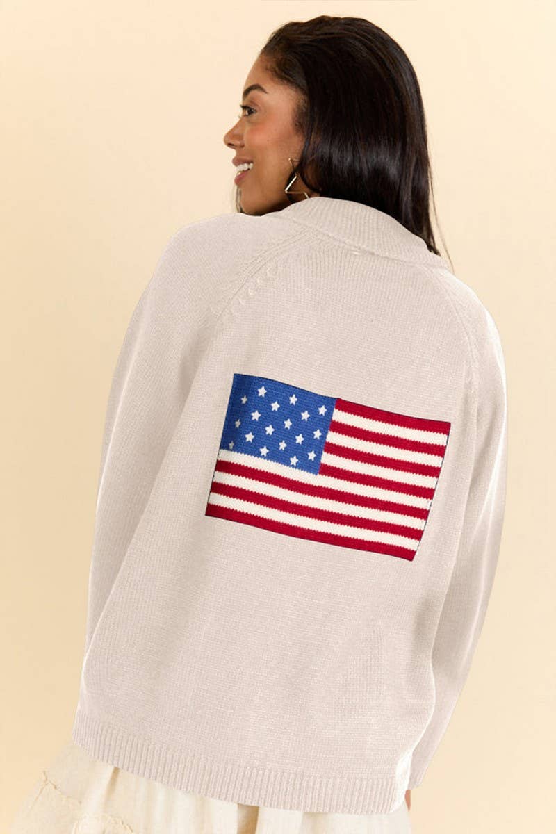 CWOCAL2360_FLAG PRINT V-NECK LOOSE KNIT CARDIGAN SWEATER