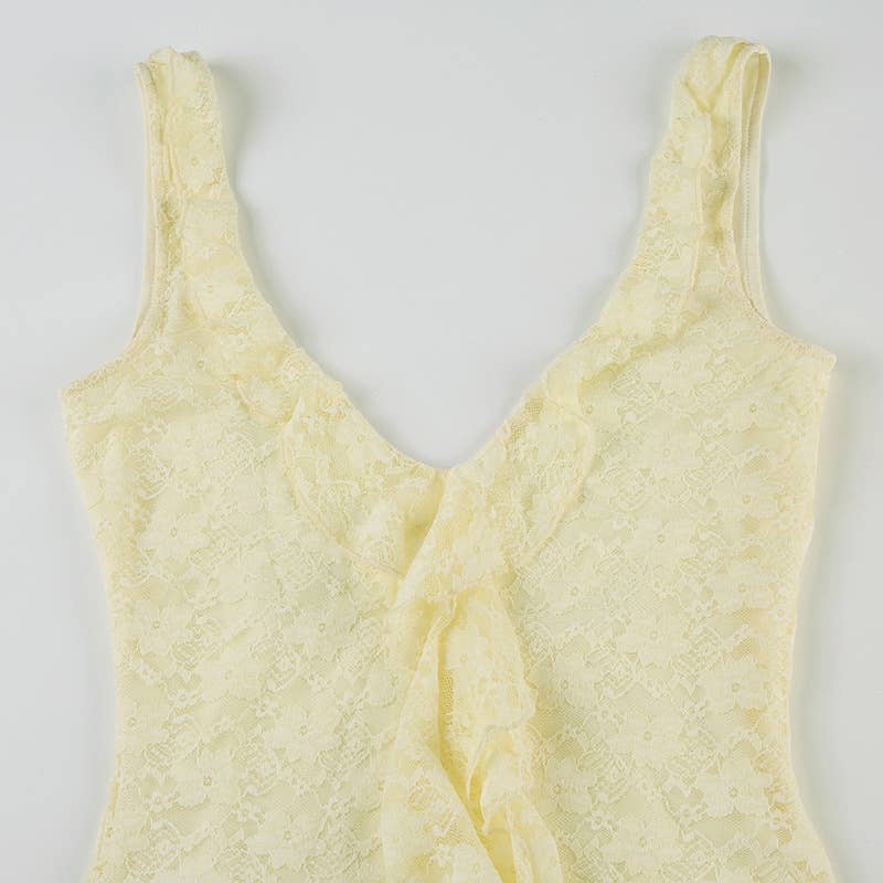 Sexy ruffled V-neck lace halter short dress