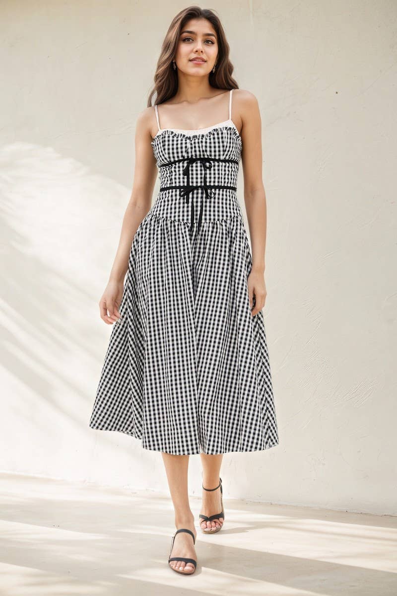 CWDMD6409_PLAID STRAPLESS RUCHED WAIST A-LINE DRESS