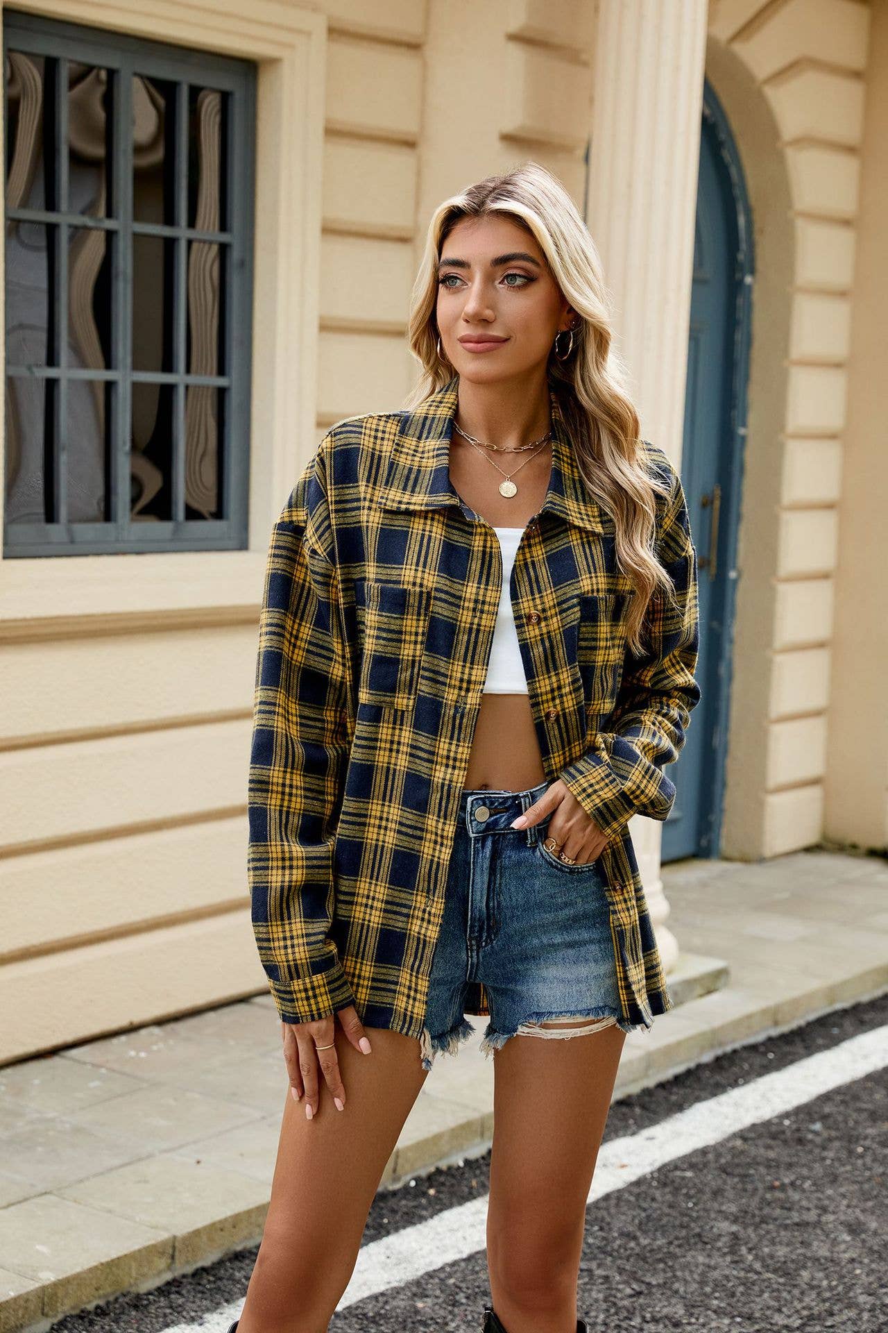 Lapel brushed striped long-sleeved plaid shirt