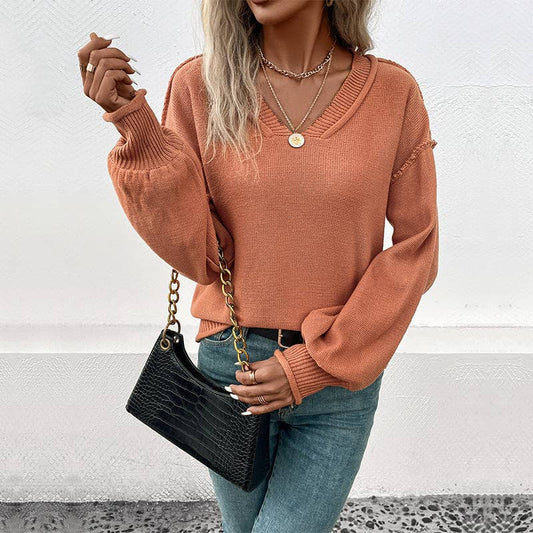 V-NECK LONG SLEEVE SOLID COLOR PULLOVER SWEATER
