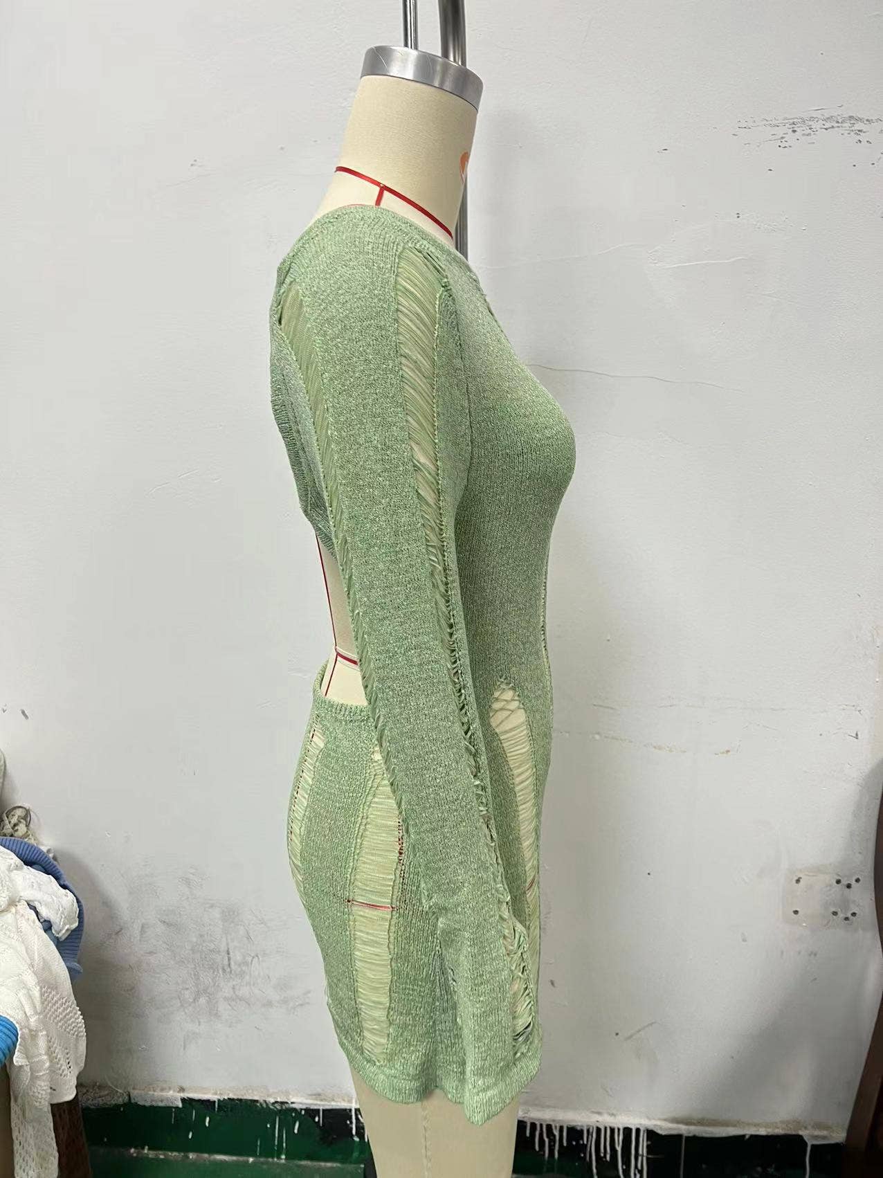 LONG SLEEVE HOLLOWED-OUT HIP WOOL DRESS