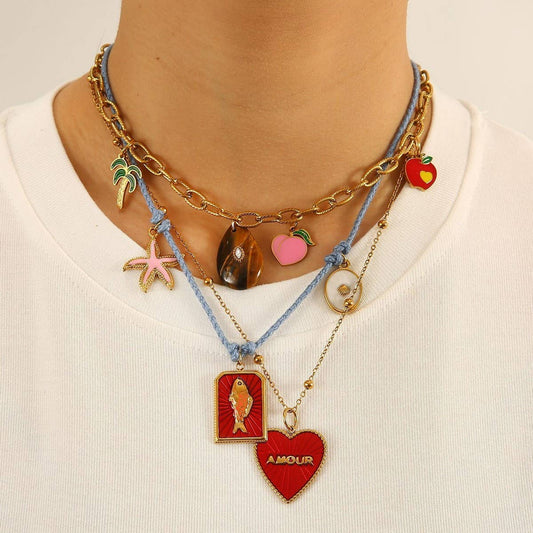 Colorful Cord Necklace with 18K Fish & Heart