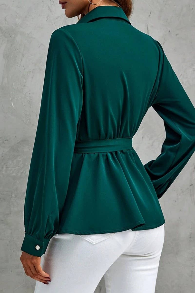 SOLID COLOR BELTED WRAP BELTED RUFFLED SHIRT