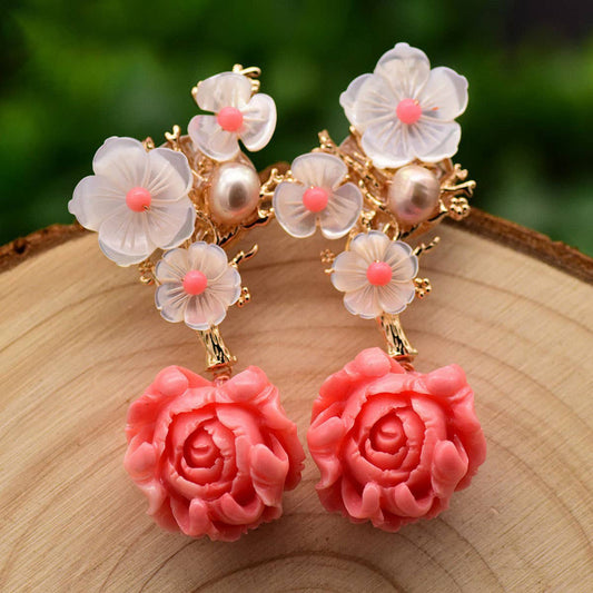 HIGH-END VINTAGE PEARL CORAL FLOWER EARRINGS