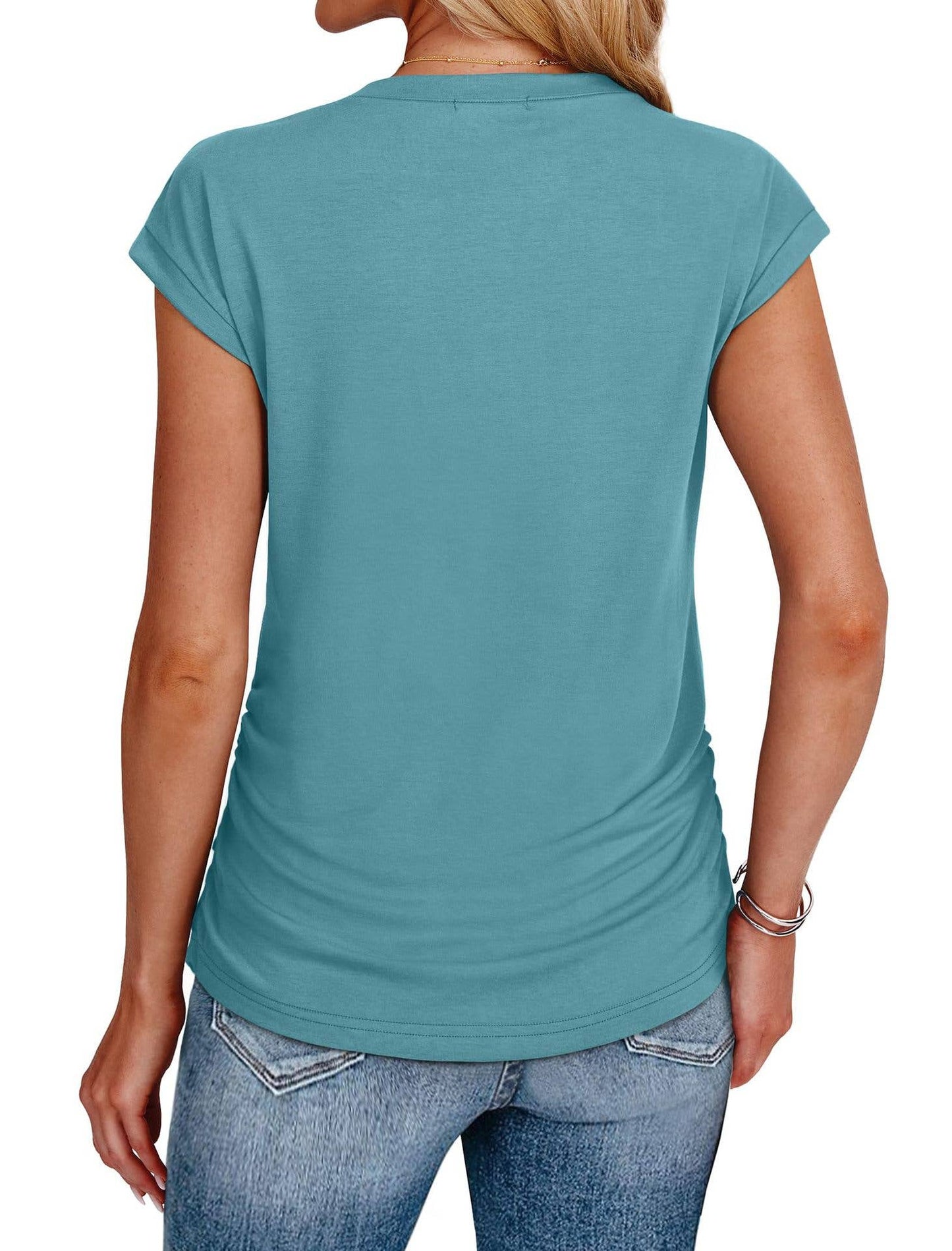 Solid color round neck waistline T-shirt