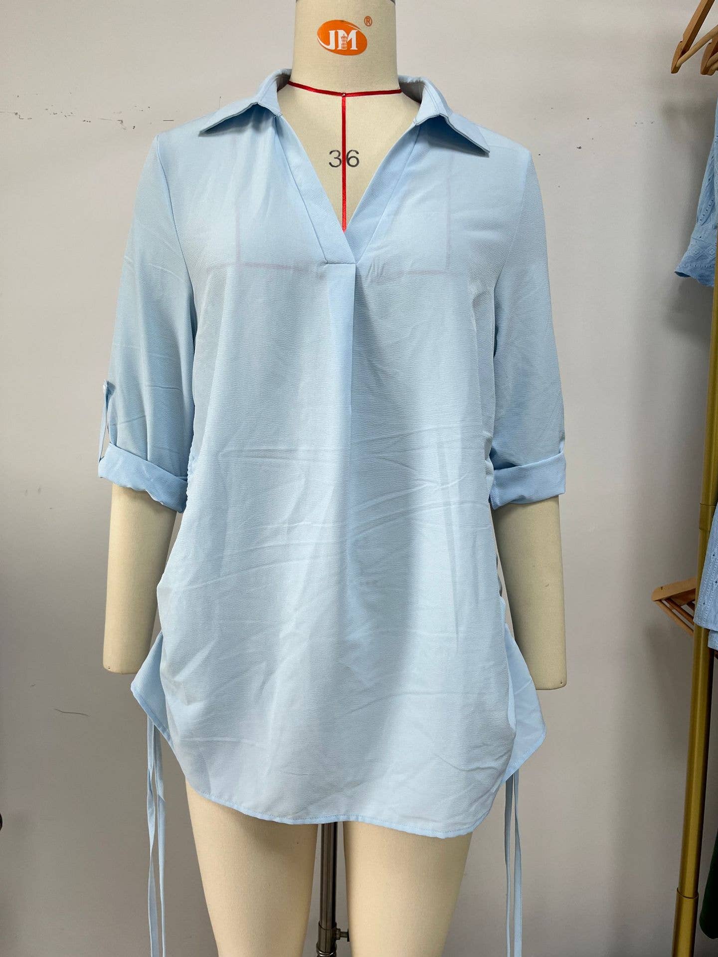 Solid color lapel loose mid-sleeved chiffon shirt