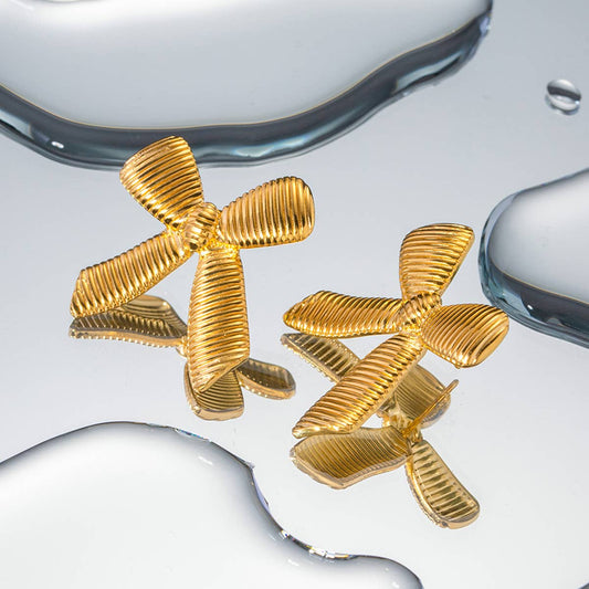 STAINLESS STEEL STRIPED BOW EARRINGS_CWAHA0890