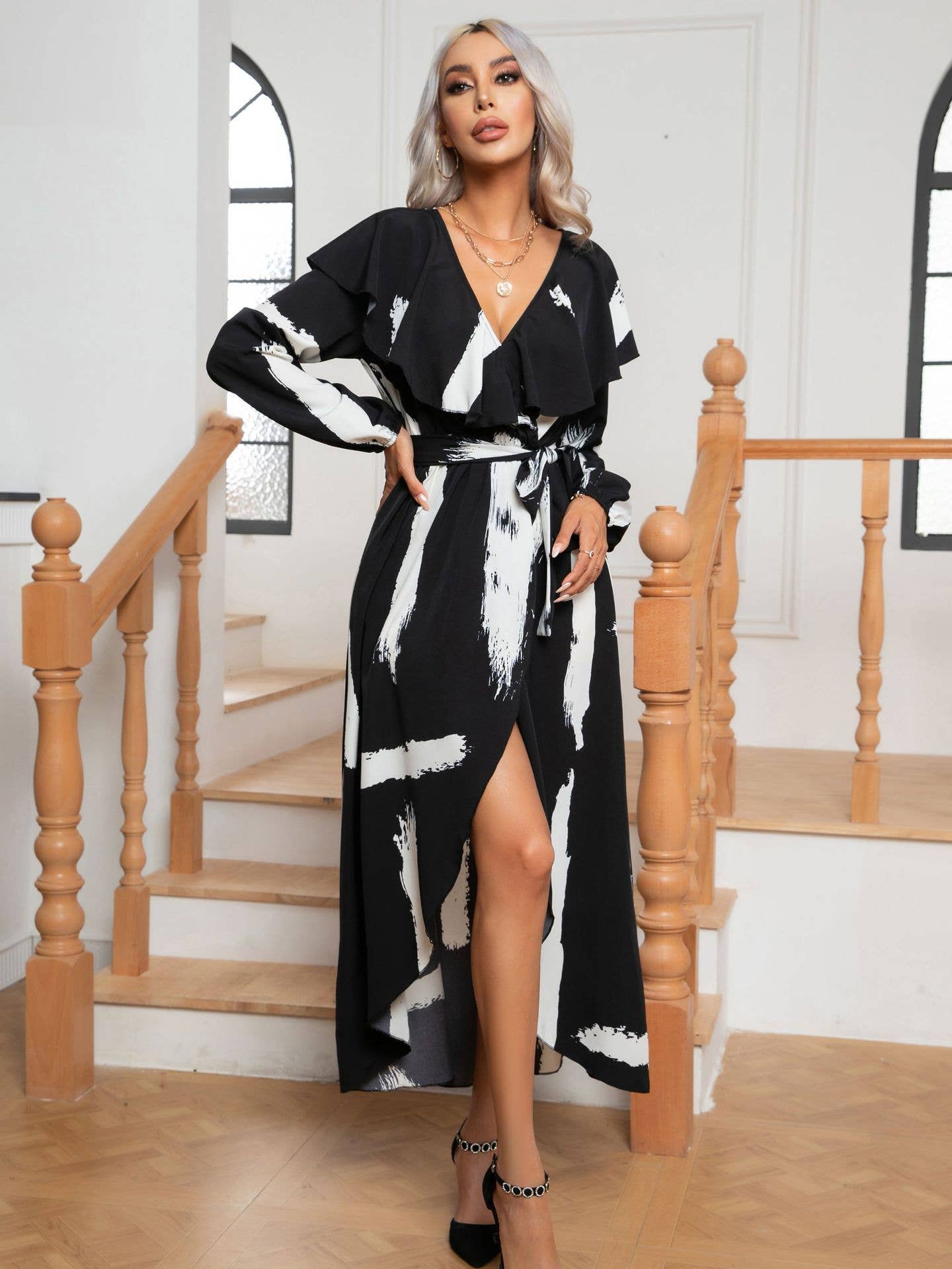 PRINTED RUFFLED COLLAR WRAPPED SLIT LONG DRESS