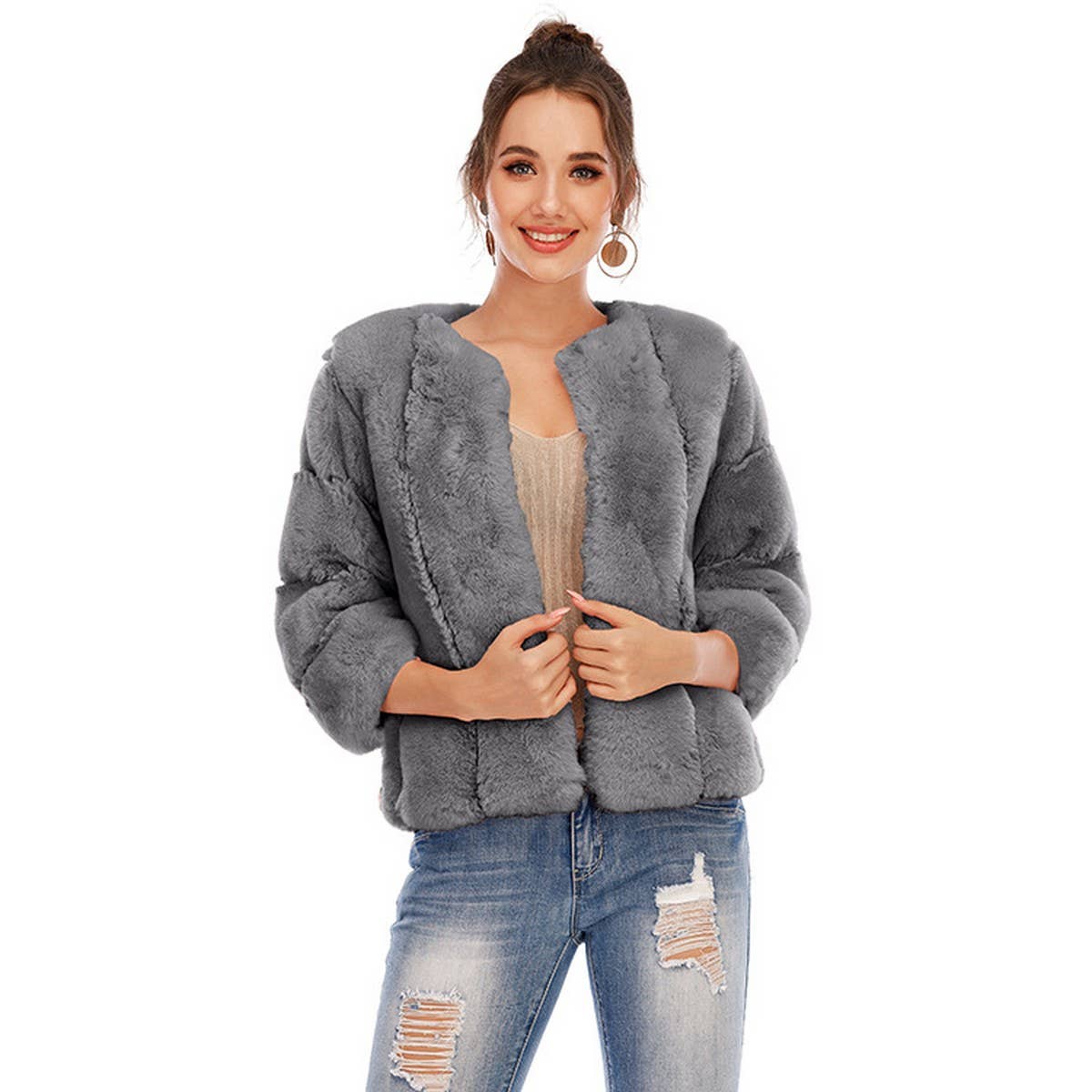 Trendy Women's Faux Fur Round Neck Short Coat
