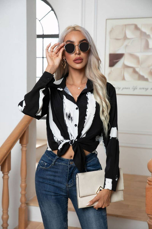 Cwttl1390_Casual Print Foldover Collar Pullover Top