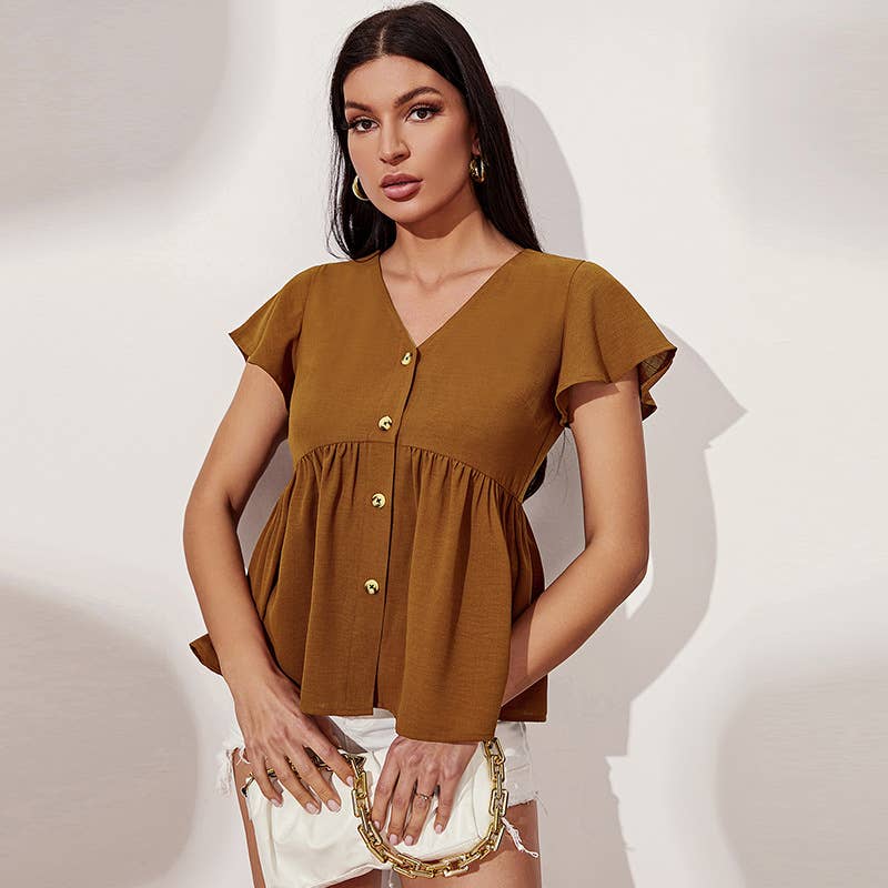 V-NECK SOLID COLOR SLIM-FIT SHORT-SLEEVED TOP