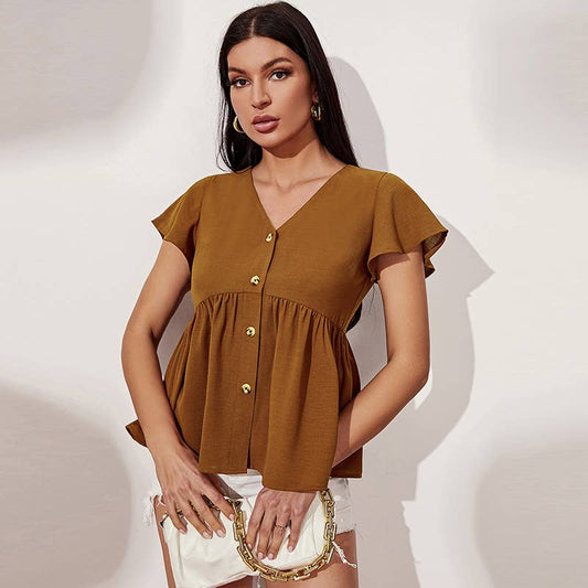 V-NECK SOLID COLOR SLIM-FIT SHORT-SLEEVED TOP