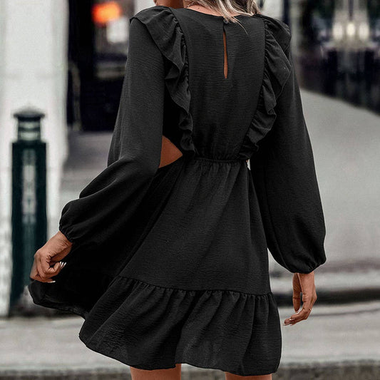 Solid color cutout ruffled patchwork dress