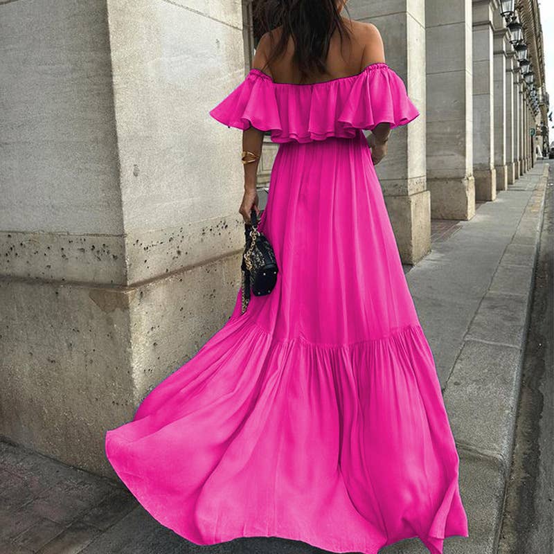 SOLID COLOR ONE-LINE SHOULDER-TOP LONG DRESS