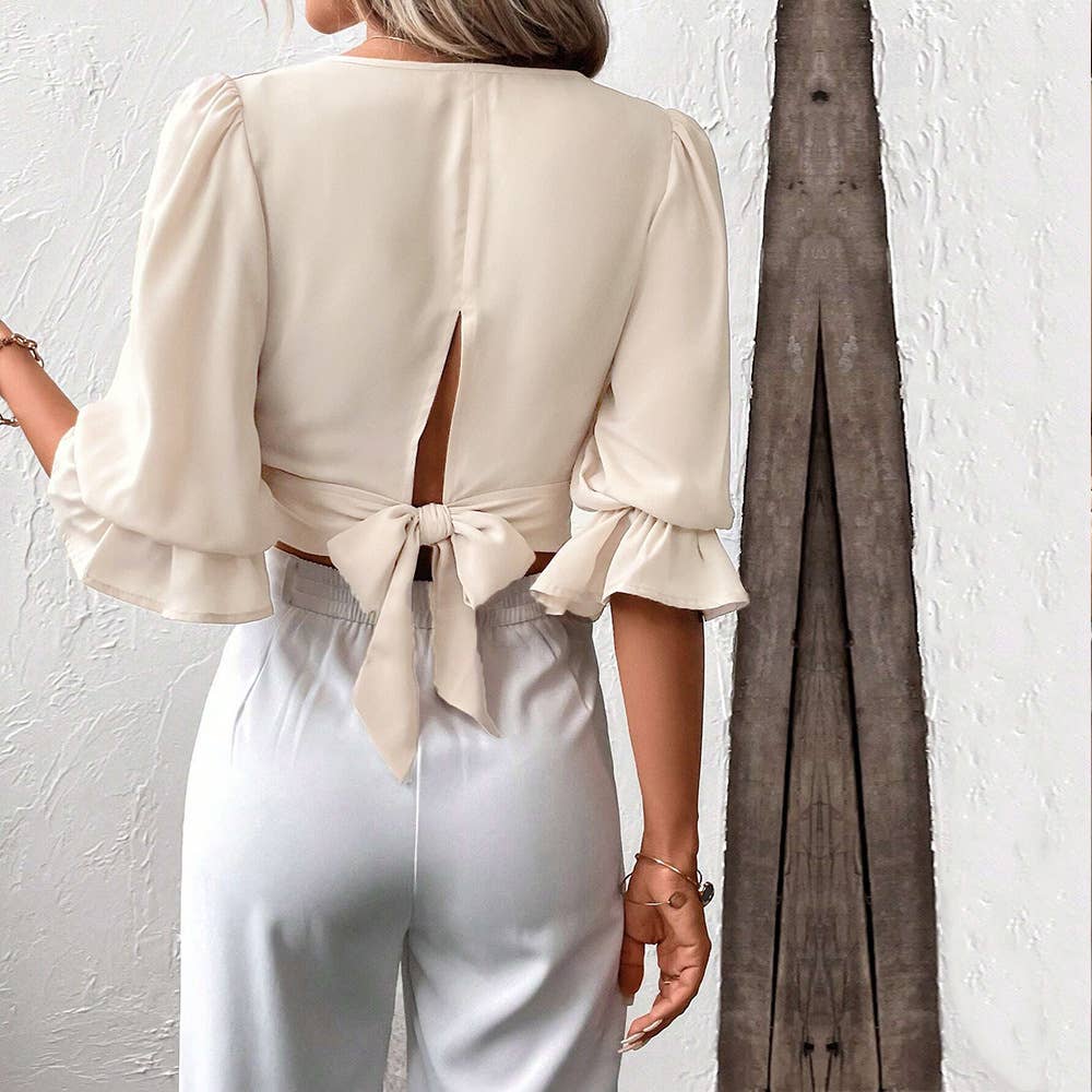 V-NECK STYLE PUFFED SLEEVE SHORT PULLOVER TOP