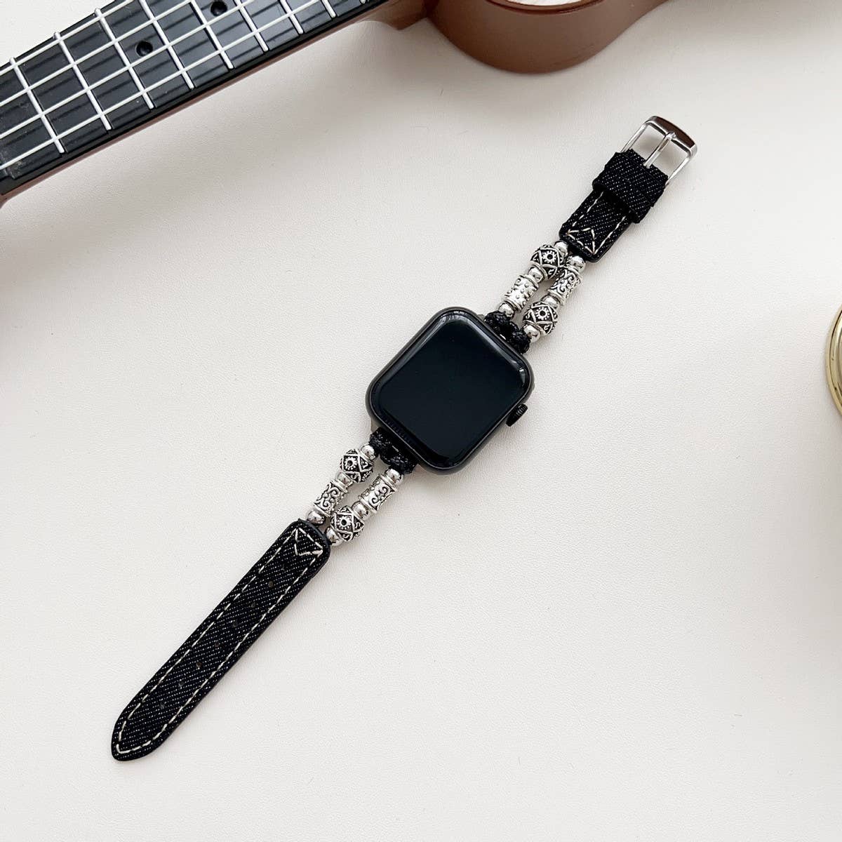 IWATCH9-1 14MM TIBETAN SILVER DENIM LEATHER STRAP