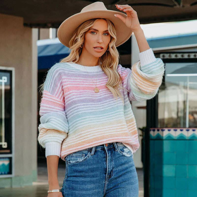 BAGGY, LONG-SLEEVED RAINBOW STRIPED SWEATER