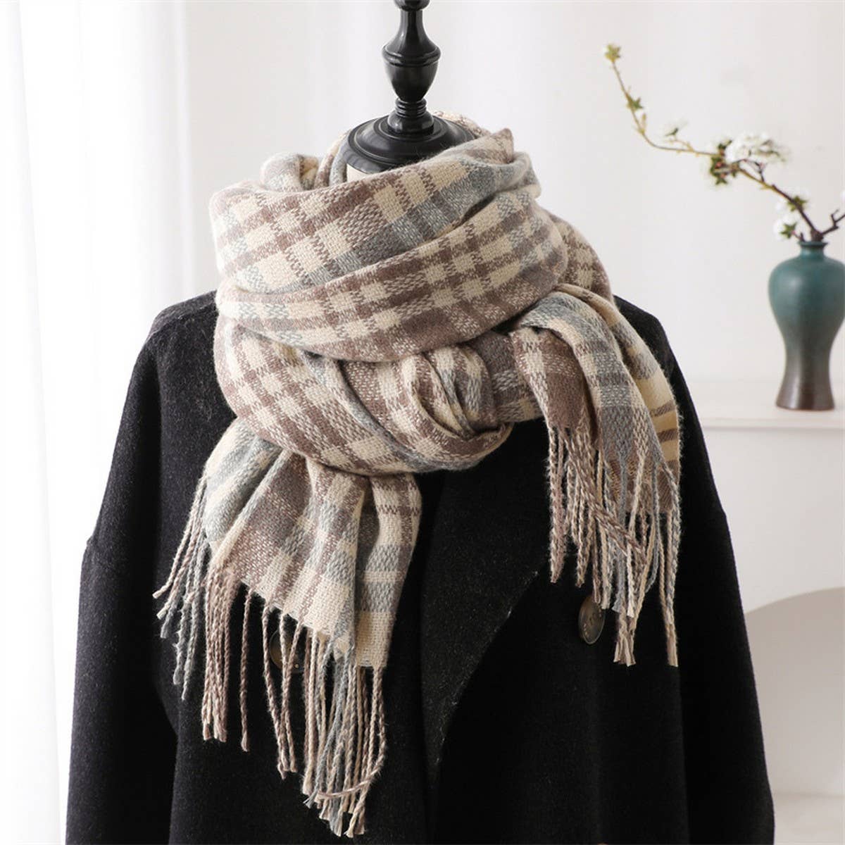 Plaid Cashmere-Like Scarf with Fringe for Winter_CWASC1443