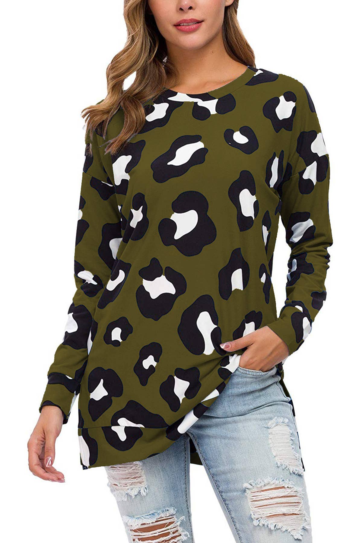 LEOPARD PRINT CREW NECK LOOSE PULLOVER T-SHIRT