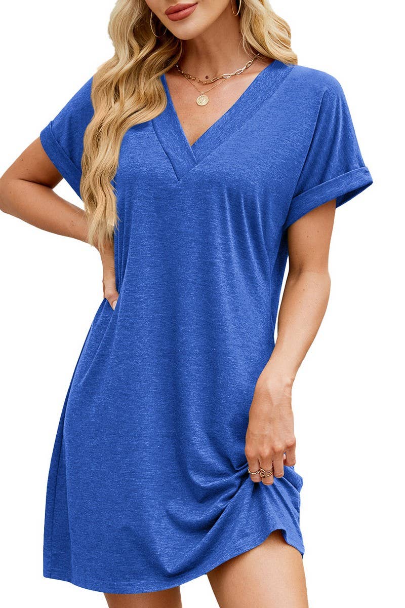 CWDSD7283_SOLID COLOR V-NECK LOOSE SHORT-SLEEVED DRESS