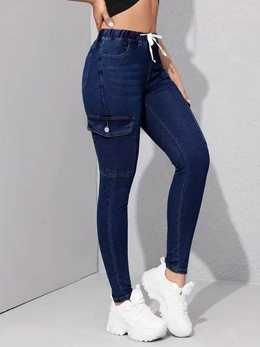 DENIM LACE-UP ELASTIC-WAIST STRETCH DENIM TIGHTS